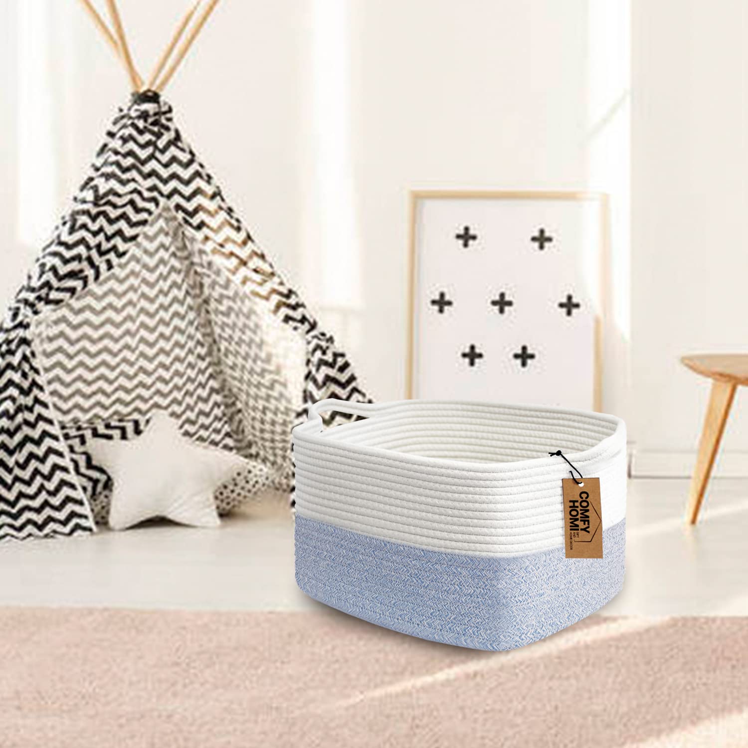 COMFY-HOMI Cotton Rope Woven Basket with Handles for shelf，Toy, Book, Cloth Storage Basket for Organizing-13.5X11X9.5 Storage Bin for Living Room, Newborn or Infant Gift for boy girl （White/blue）